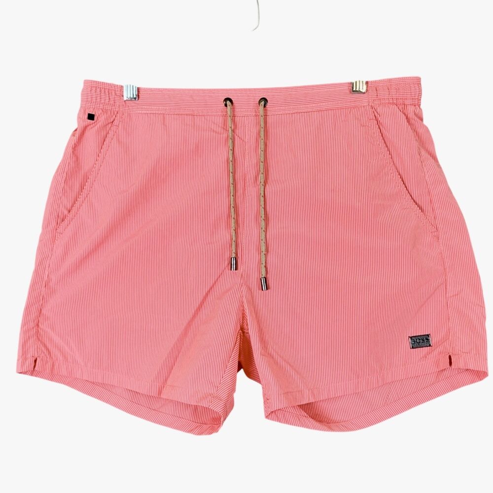Hugo Boss Batfish Swim Trunk Mens L Coral Color with Pinstripes Pockets Lined